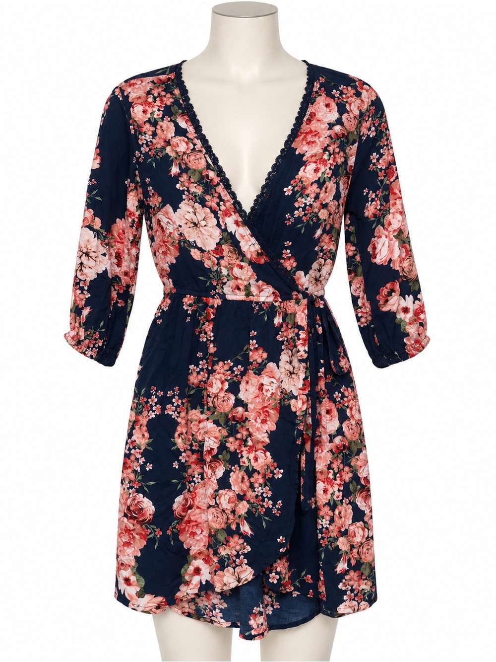 Band of Gypsies Small Navy Pink Floral Wrap Dress Boho 3/4 Sleeve Rayon
